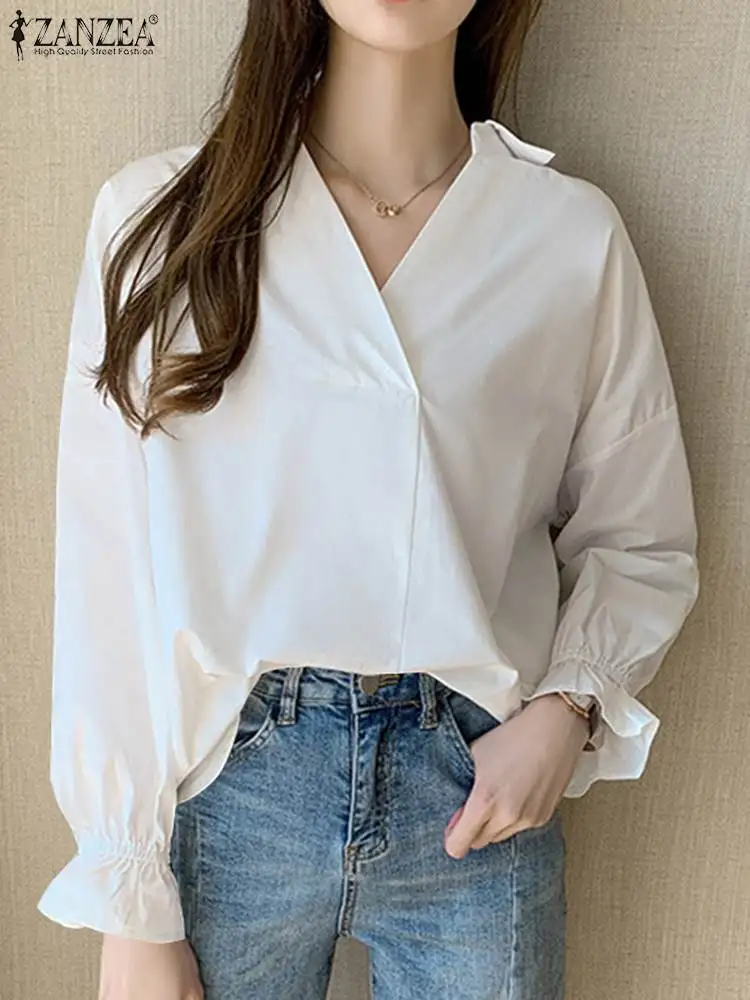 

Элегантная женская рубашка с длинным рукавом, весна-осень, туника с V-образным вырезом, топы ZANZEA, Повседневная Свободная Офисная Рабочая блузка, женские праздничные блузы, рубашка
