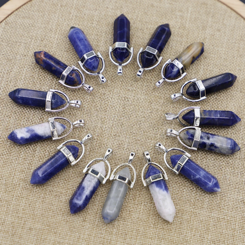 

Hot Featured Natural Stone Blue Sodalite Pillar Point Pendants Column Hexagonal Charms Necklace Accessories Jewelry Making 24Pcs