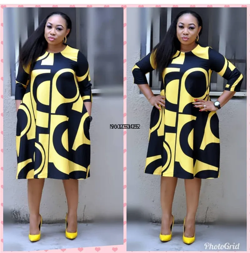 

2021 new African women's dress digital print round collar basic a-line sleeve dress