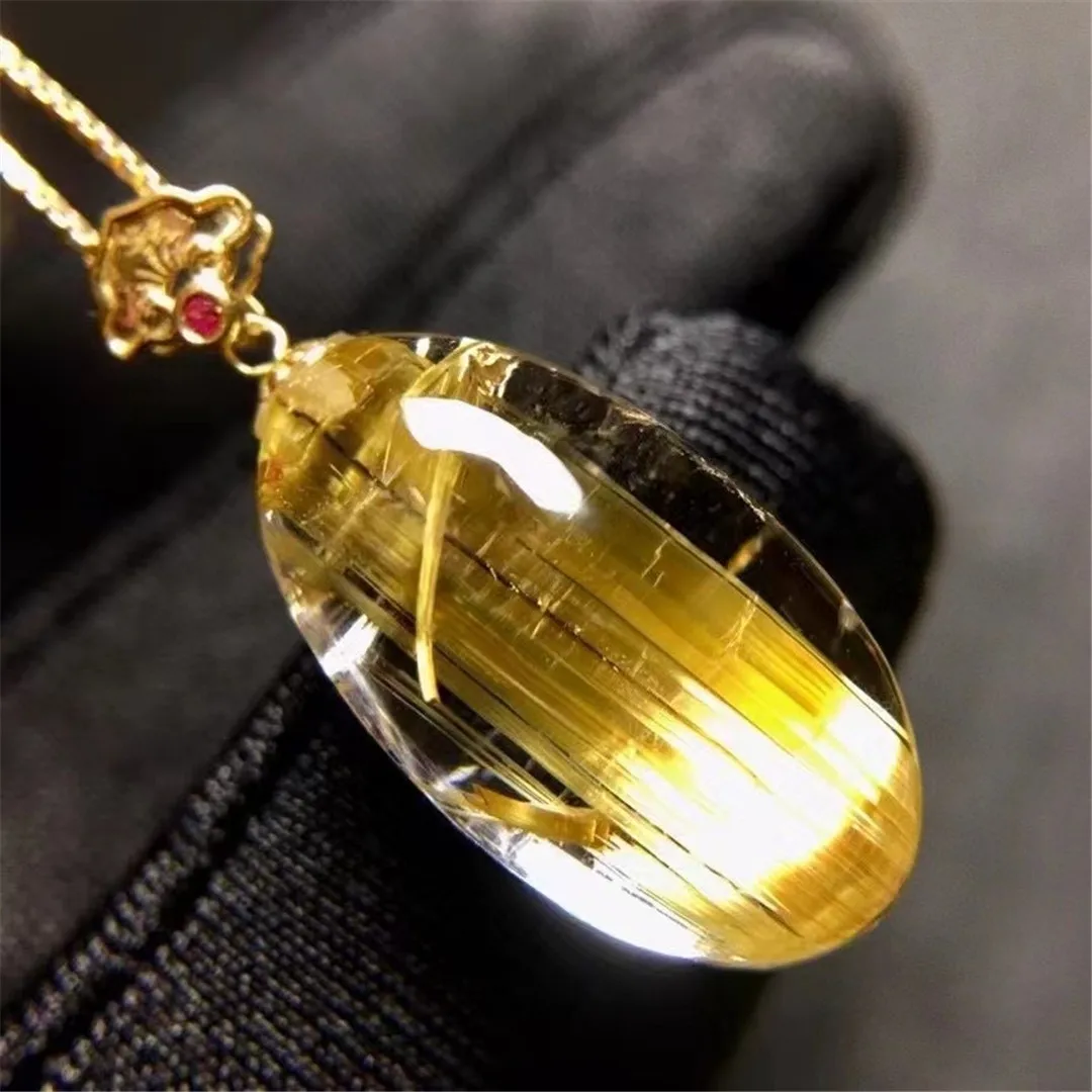 

Natural Gold Rutilated Quartz Pendant Necklace For Woman Man Beauty Gift Crystal 20x10x8mm Beads 18K Gold Jewelry AAAAA