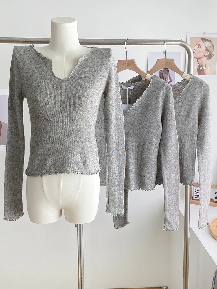 Женский серый пуловер свитер футболка Harajuku корейский кашемировый с длинными