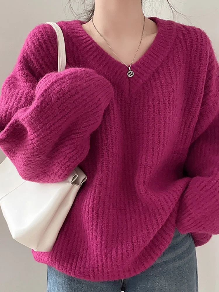 

2023Hot Sale Women Solid Elegant Sweater Pullovers Chic V-neck Long Sleeve Knitted Sweaters Autumn Winter Office Female Fashion