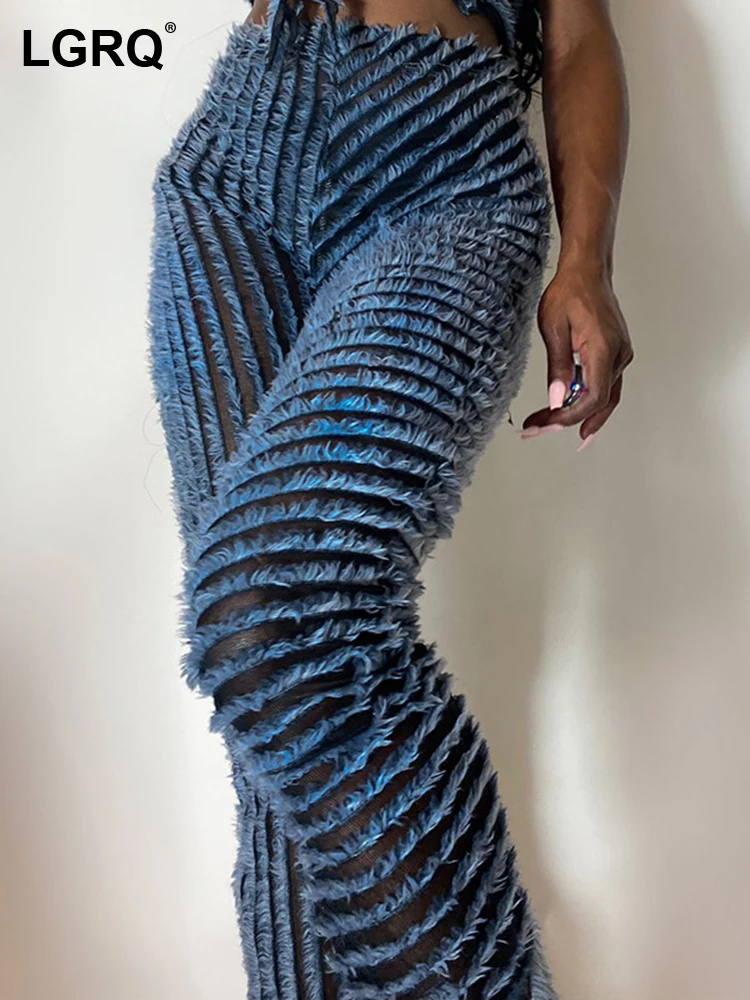 

LGRQ модные дизайнерские полосатые женские брюки с высокой талией с меховой текстурой сексуальные прозрачные осенние модные брюки для девочек 19F1961