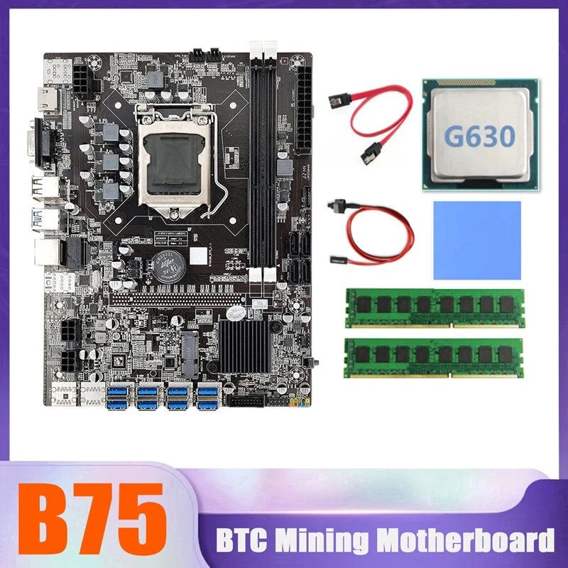 

B75 BTC Miner Motherboard 8XUSB+G630 CPU+2XDDR3 4G 1333Mhz RAM+SATA Cable+Switch Cable+Thermal Pad B75 USB Motherboard