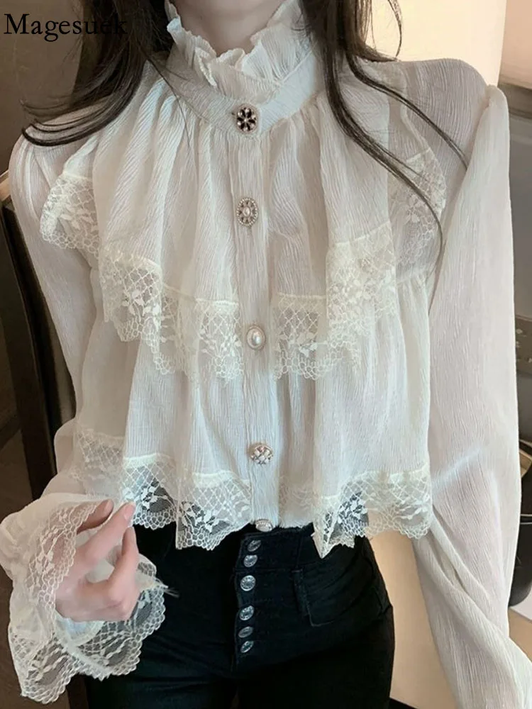 

Elegant Fashion Stand Collar Chiffon Shirts Korean Vintage Women Blouse Blusas Long Sleeve Ruffles Lace Blouses Femme Tops 23057