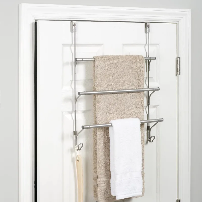 

Mainstays SnugFit over-the-Door 3-Tier Towel Bar with 2 Hooks, Satin Nickel