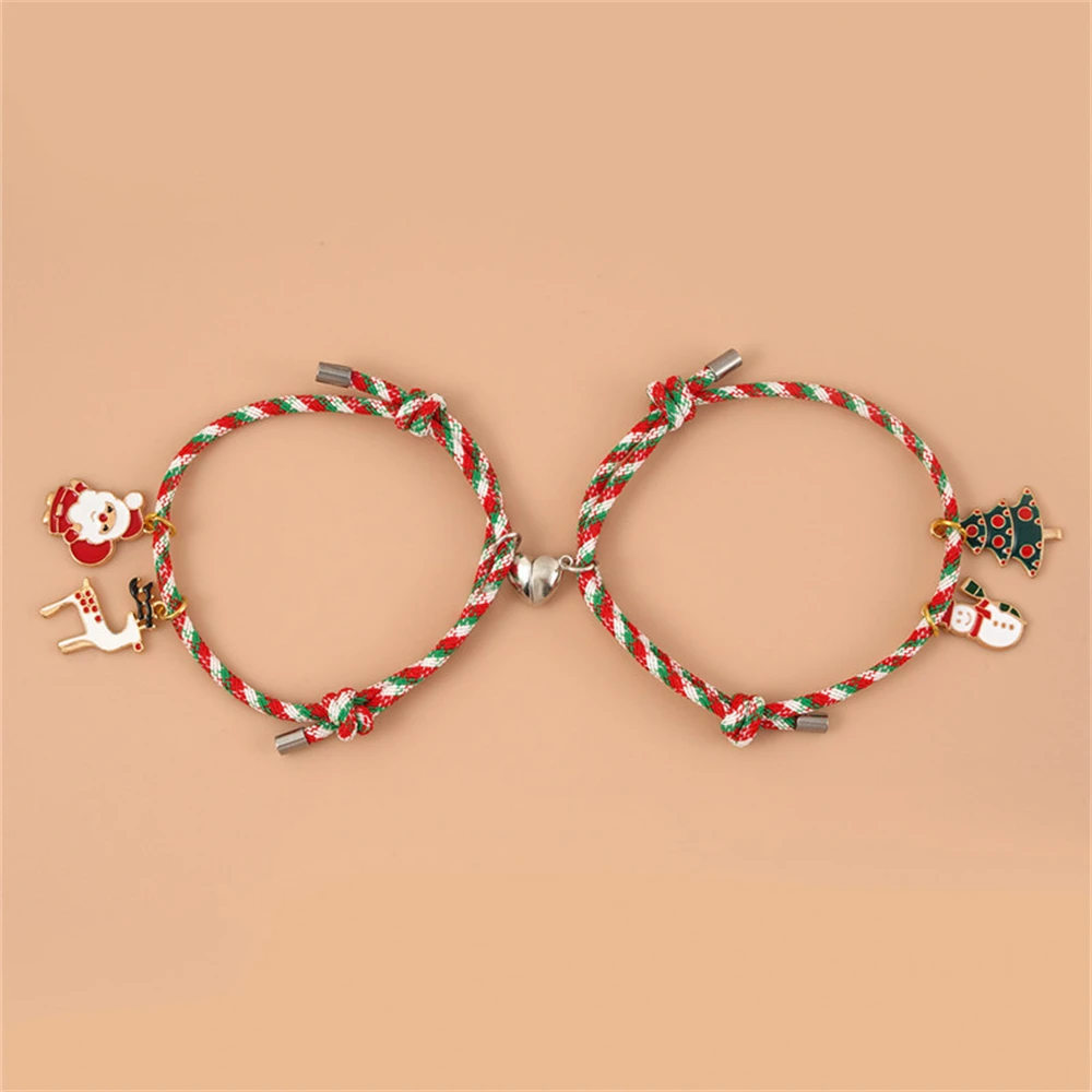 

2pcs/Set Couple Magnet Bracelet Christmas Santa Claus Pendant Handmade Braided Rope Bracelets Xmas Tree Elk Charm Bangles Lovers