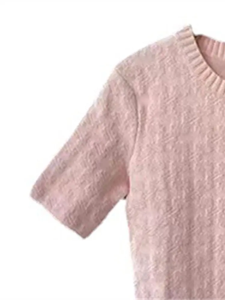 Women Flocked jacquard Logo Knit Robe Short Sleeve Sweet O-neck Spring Summer 2023 Lady Knitted Mini Dresses