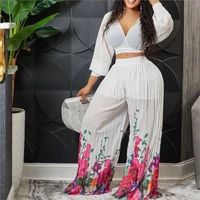 two piece set womens v neck doll sleeve chiffon top pleated wide leg pants fashion matching pant sets famous suit spring summer