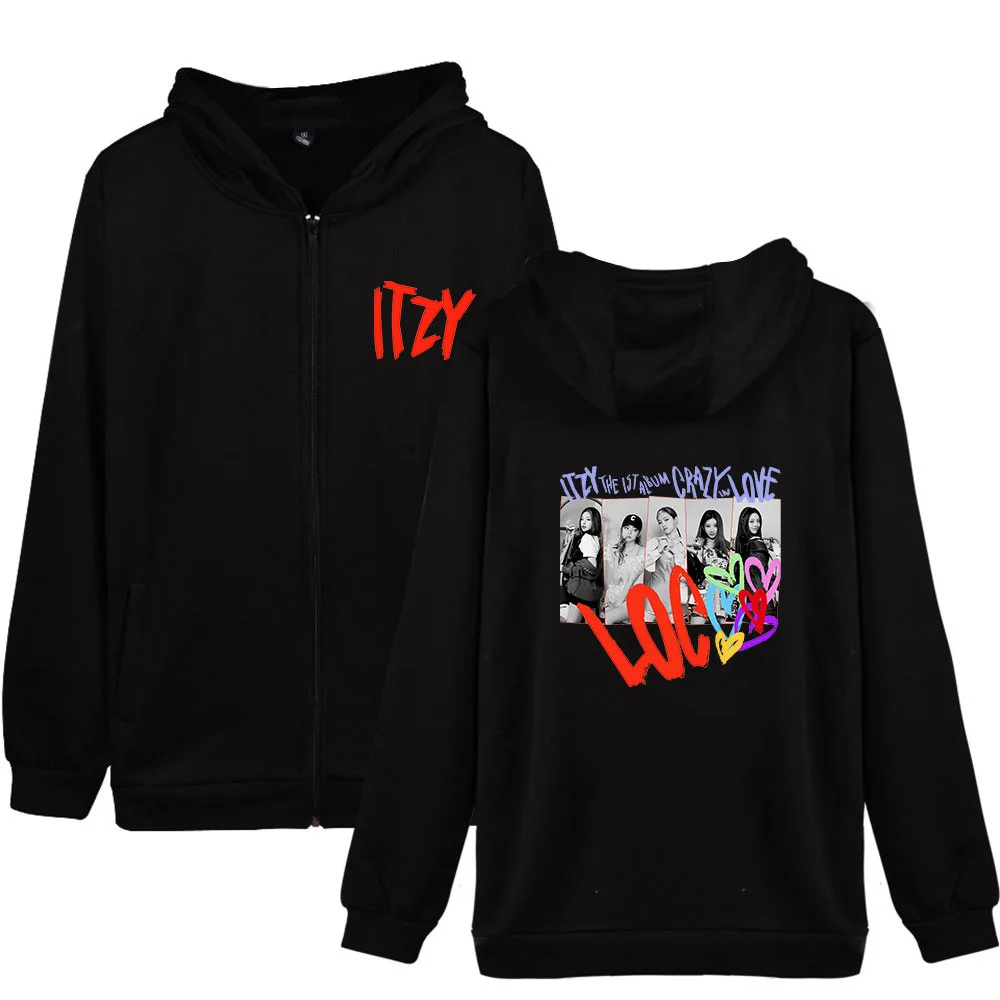 Товар ITZY модный свитер с капюшоном на молнии цифровой печатью и надписью CRAZY IN LOVE