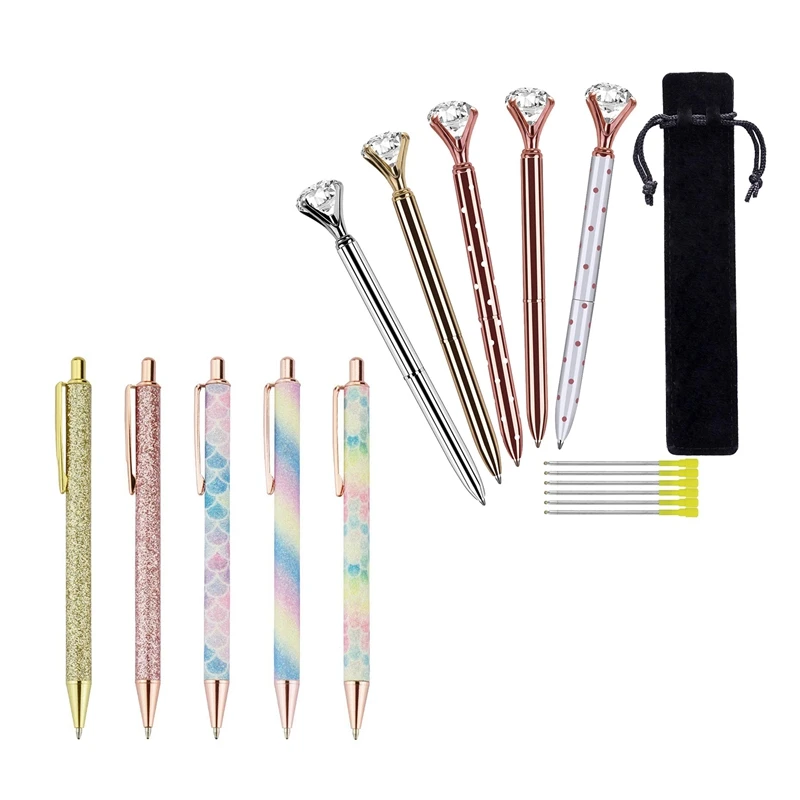 

5 Pcs Big Crystal Diamond Ballpoint Pen With Pen Refills, Black Ink & 5Pcs Ballpoint Pens Retractable Point (1.0Mm)