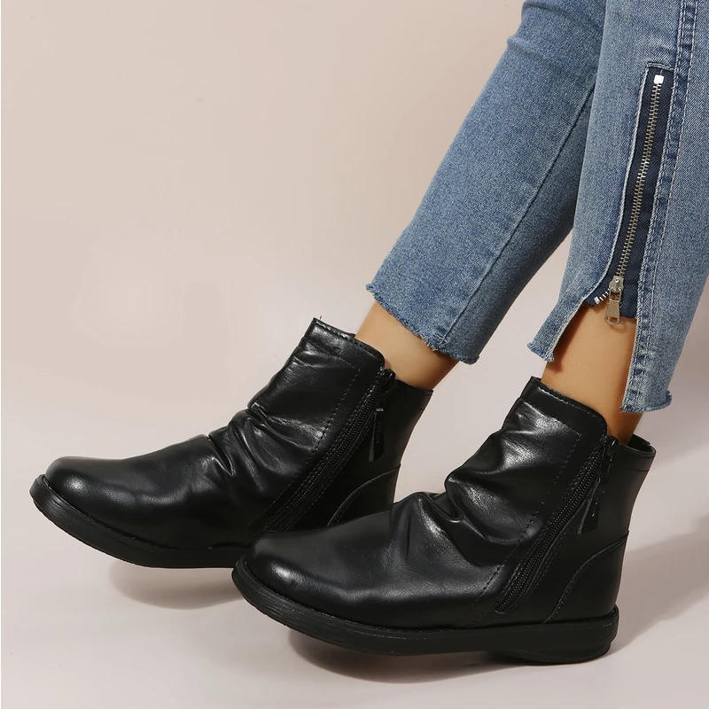 

Women Boots 2022 British Style Women Ankle Boots Spring and Autumn Fashion Pleated Side Zipper Short Boots Women Flats Shoes