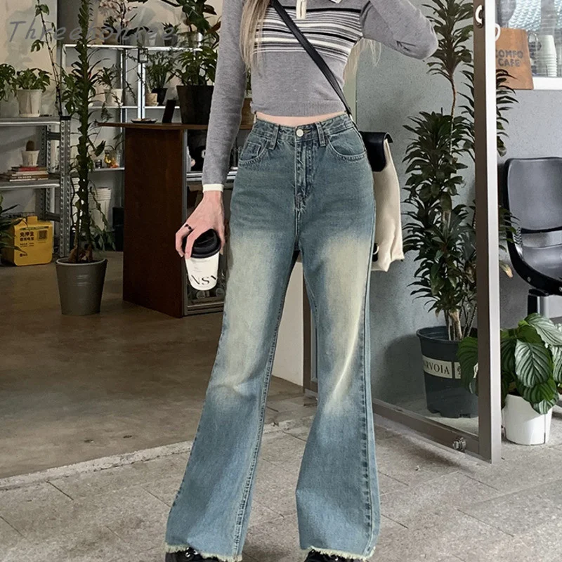 

2023 Spring New Loose Nostalgic Retro Five-pointed Star Pocket Fringed Edge Women's Jeans High Waist Fashion Street Style Pants