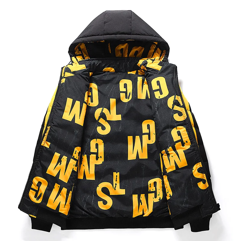 Winter Coats Mens Fashion Double-sided Wear Cotton Clothes Korean Print Plus Size Thickened Removable Hooded Warm Jacket men