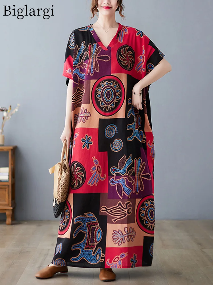

Oversized Patchwork Plaid Dress Women Loose Casual Large Size Ladies Womens Dresses Korean Summer Cotton Hemp Vintage Long Dress