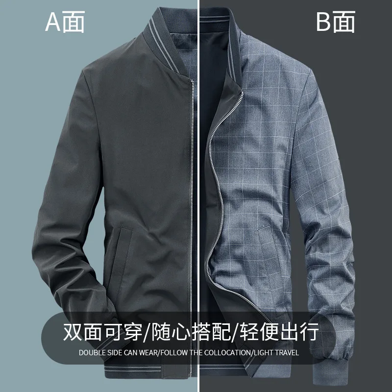 

2022 Spring and Autumn New Double-sided Men's Dad's Stand Collar Jacket Casual Middle-aged People Wear Coats on Both Sides