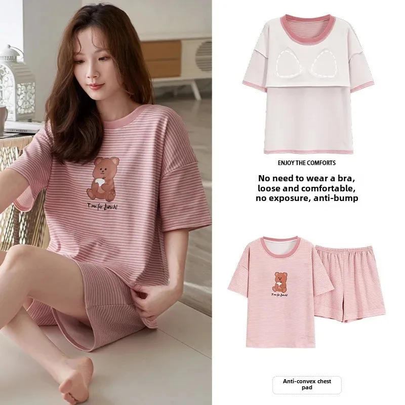 Женский летний хлопковый пижамный комплект с нагрудником и короткими рукавами