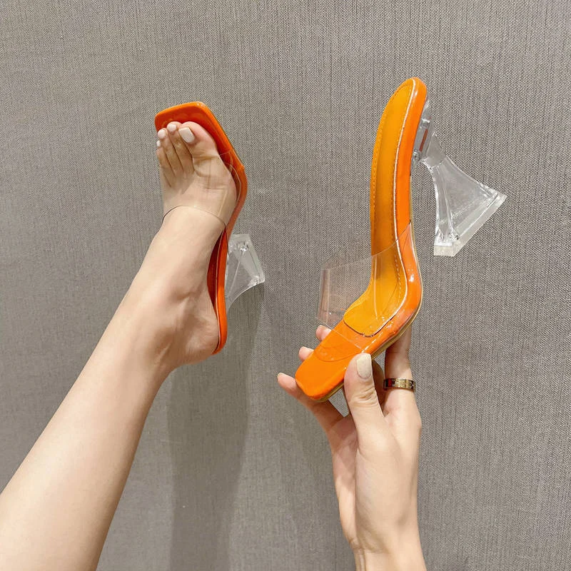 

2021 New Transparent High heels Woman Shoes Square Peep toe Slippers Pumps Women Mules Lady Slipper Shoe Slides