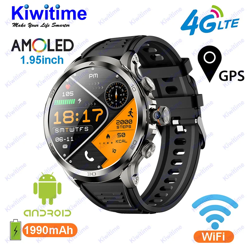 KIWITIME 4G Smart Watch Смарт часы мужские 2024 умные 1 95 дюйма AMOLED дисплей GPS WIFI Android SIM-карта