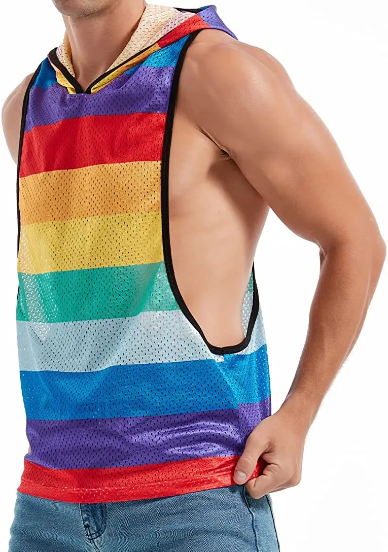 Mens Sexy Mesh Sleeveless Vest Muscle Hoodie Backless Tank Top