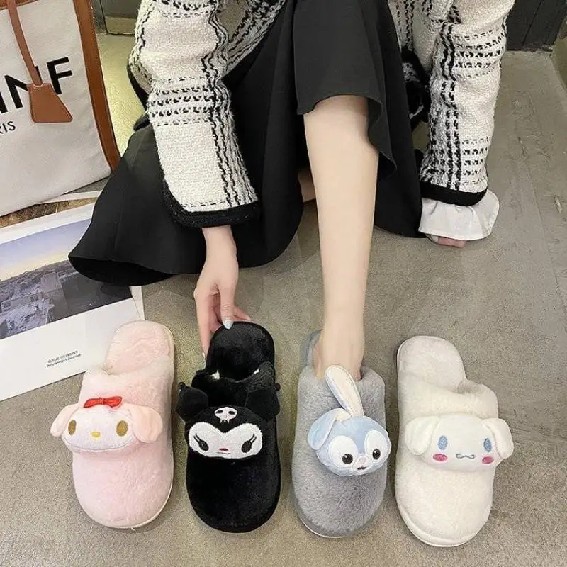 

Sanrio Children's Slippers Mymelody Kuromi Cinnamoroll Wool Slippers Women Autumn and Winter Home Antiskid Warm Cotton Slippers