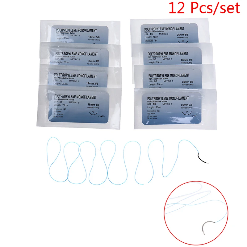 

12PCS 2/0 3/0 4/0 Needle Suture Nylon Monofilament Non-injured Suture Medical Thread Suture for Medical Surgical Suture Tool HOT