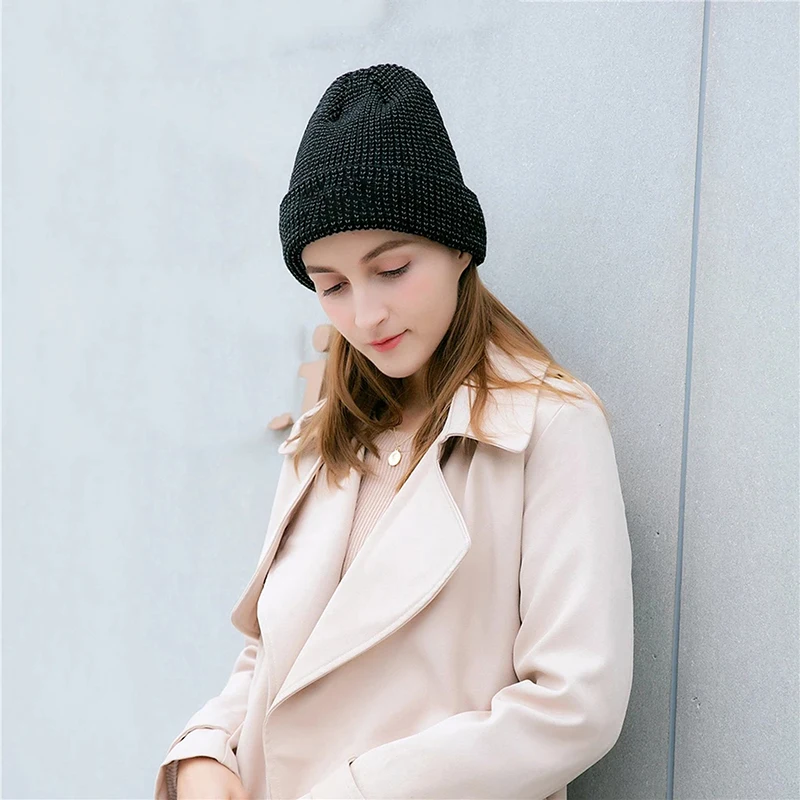 

New Reflective Beanie Hat Women Autumn Winter Cap Fashion Female Bonnet Warm Caps Brand Knitted Hats For Men 2022 Fashion New