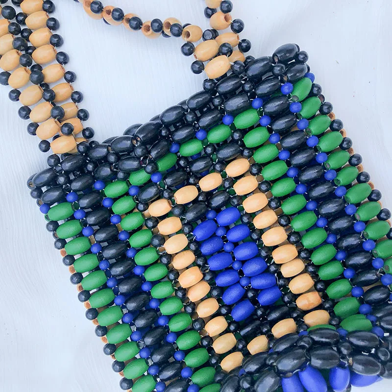 Hand Woven Wooden Bead Bucket Bag for Women Summer New Color Contrast Hollow Out Shoulder Bag Bohemian Travel Small Tote Bag