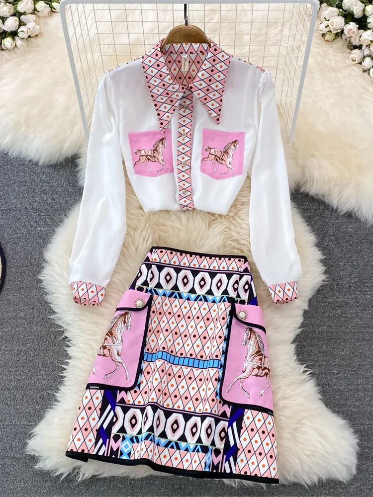 

New 2022 Fashion Runway Summer Skirt Suit Women's Horse Geometry Print Blouse and A Line Pocket Buttons Skirt 2 Two Piece Set