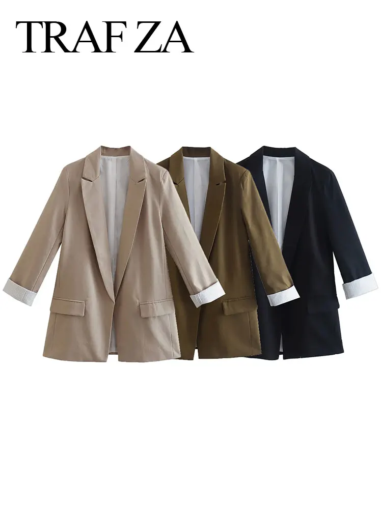 

TRAF ZA Fashion Solid Color Casual Simple Suit Jacket Long Sleeve Cuff Curling Cardigan Blazer Notch Collar Commuter Daily Wear