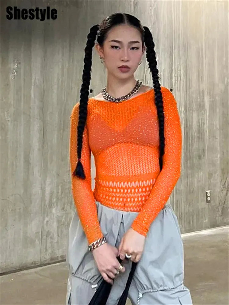 

Shestyle Orange Backless High Elastic Bodysuit Beading Sexy Hollow Out Transparent Clubwear Scoop Back Knitted Bodies Tees