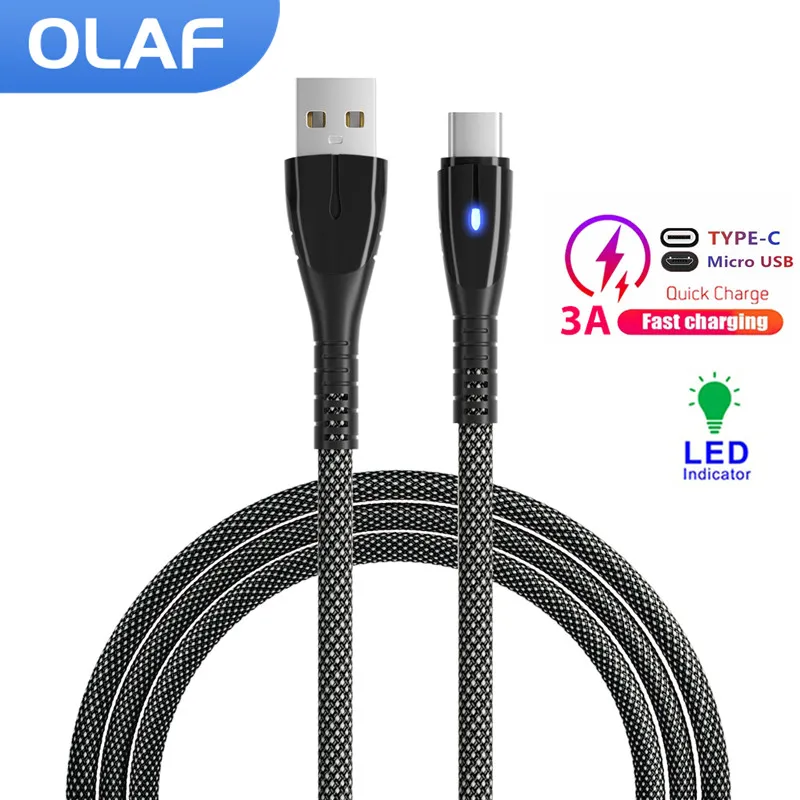 

Olaf 3A USB Type C Cable Fast Charging USB C Data Cord Nylon with Led Indicator Cable Wire For Samsung Xiaomi Micro USB Cables