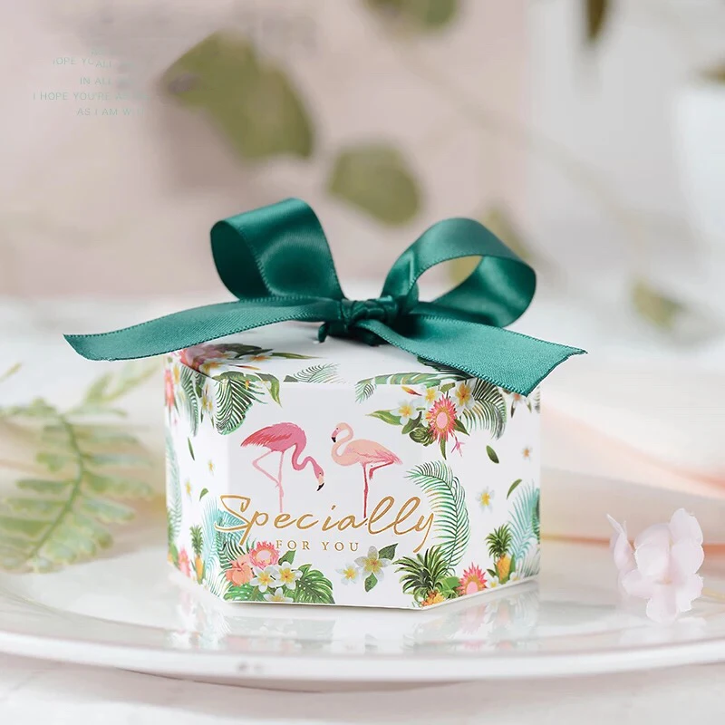 

50pcs Hexagonal New flower leaves Flamingos Candy Boxes Wedding Favors Party special Gift Box with pink/green ribbons