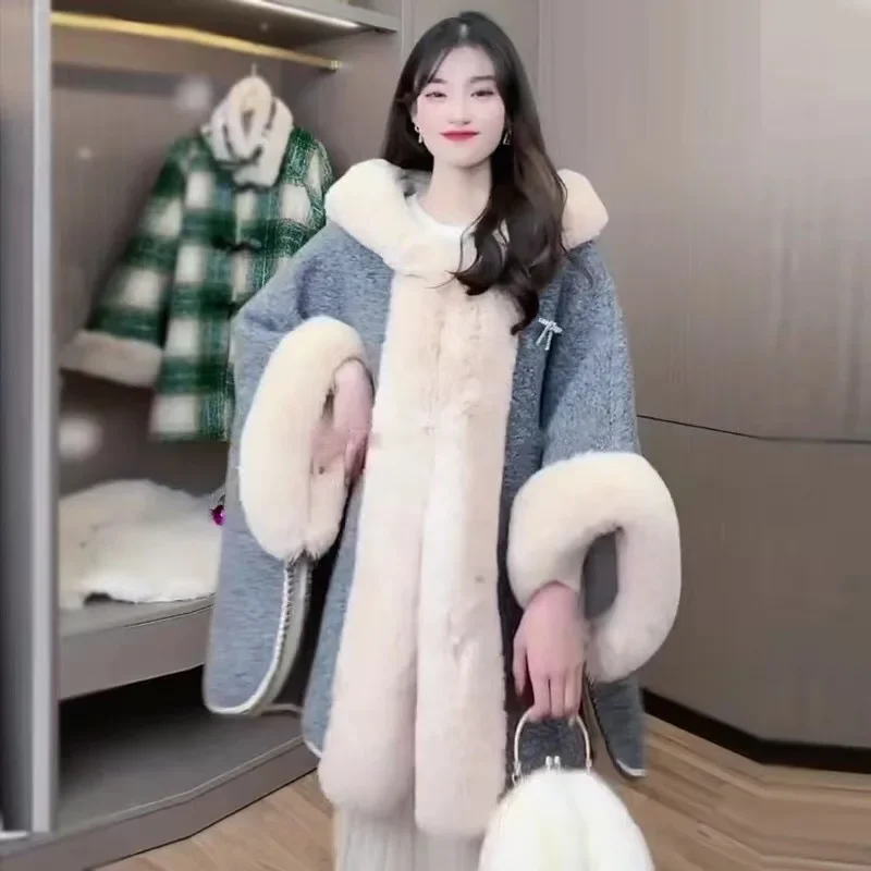 Зимний теплый толстый большой маятниковый уличный длинный плащ шерстяное