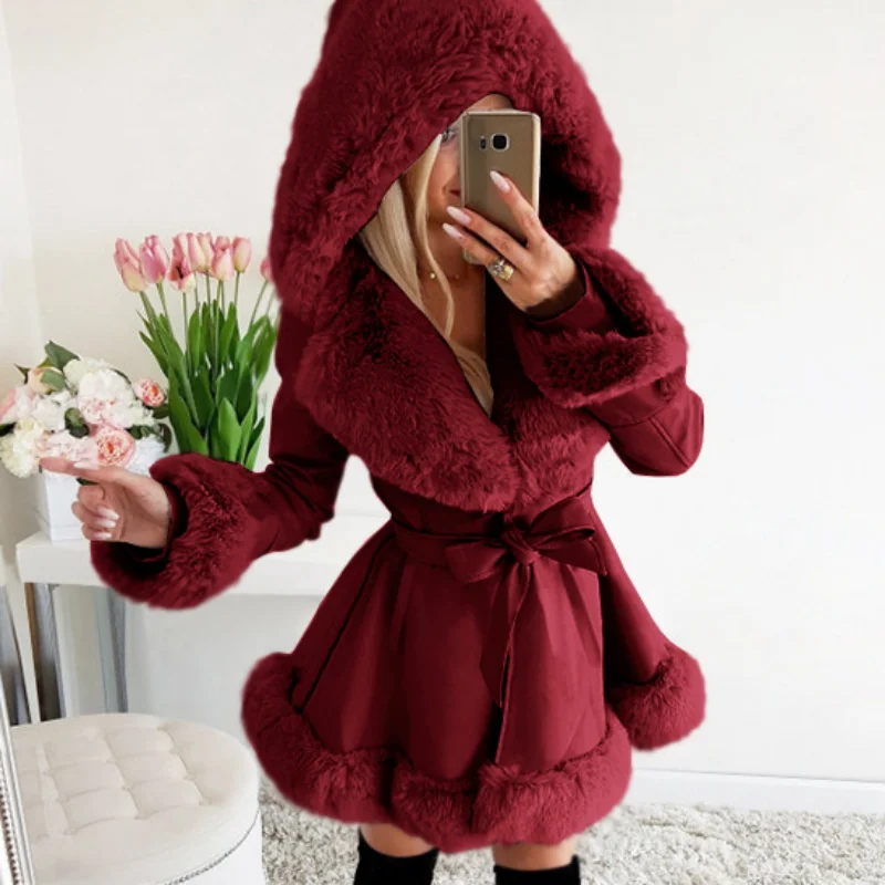 PU Leather Long Jackets Women Fashion Tie Belt Waist Coats Women Elegant Side Pockets Faux Fur Jackets Female Ladies Noble Coat