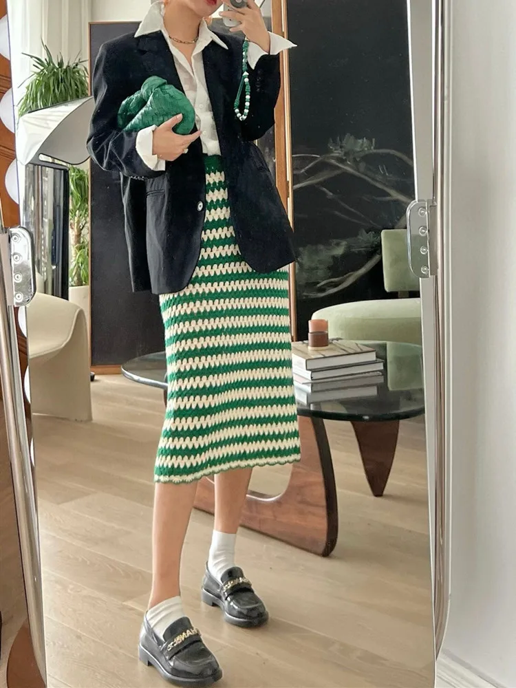 

Fashion Women Hand Crocheted V-Neck Vest or Midi Skirt Set 2023 Spring Summer New Lady Sleeveless Green Sweater Long Jupes