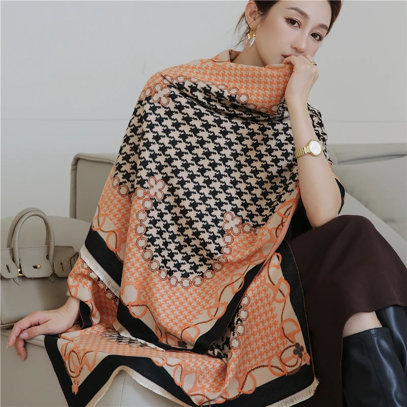 

Houndstooth Winter Shawl Warm Wrap Luxury Imitation Cashmere Scarf for Women Design Thick Blanket Neckerchief Bufanda Pashmina