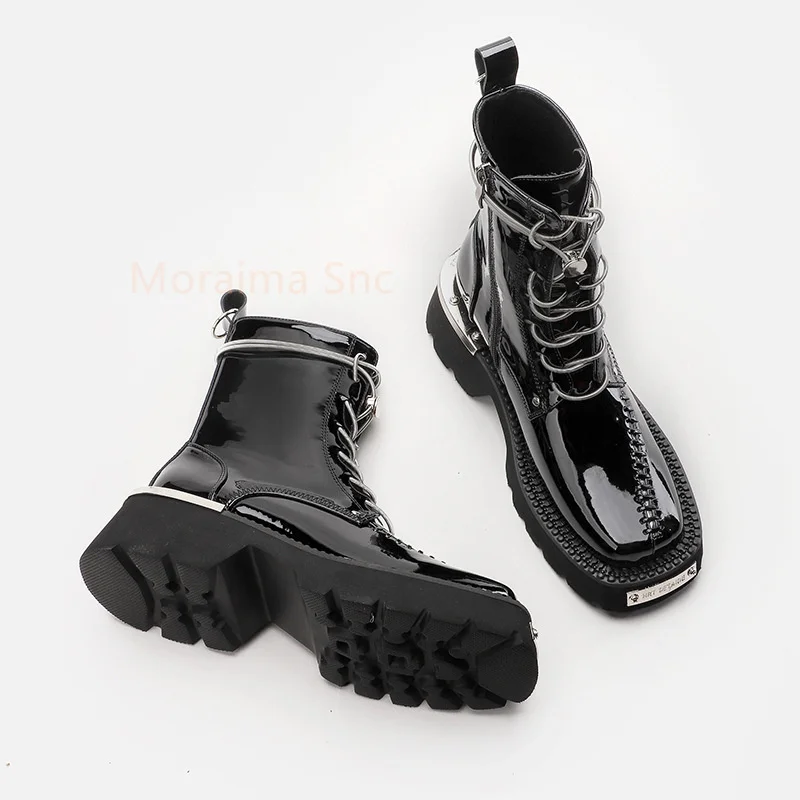 Metal Decorative Square Head Ankle Boots Women Lace Up Short Boots British Style Fashion Lady Shoes Height Increasing Botas