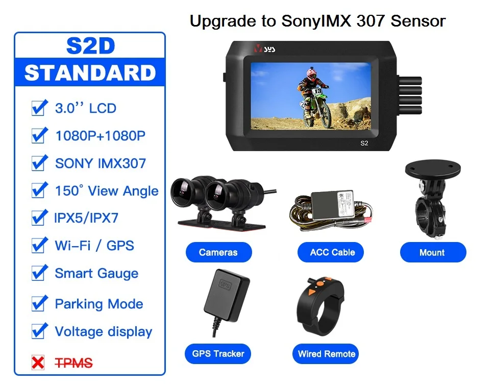 

VSYSTO Мотоциклетная видеорегистратор 3,0-дюймовый водонепроницаемый экран с двойным разрешением 1080p, поддержка переднего и заднего вида, GPS, запись парковки