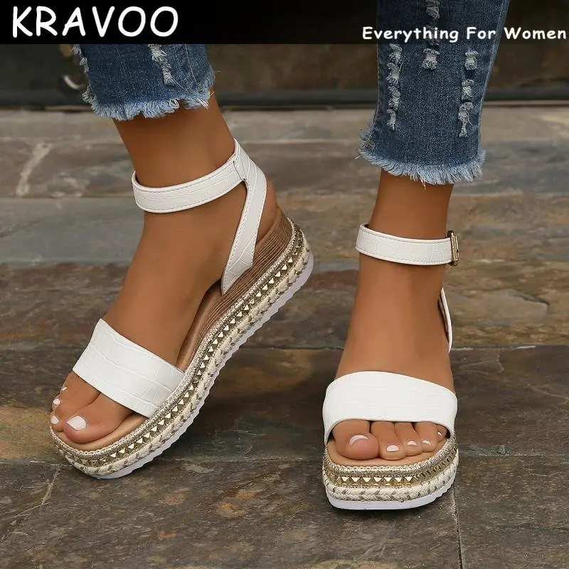 

KRAVOO Women Sandals Flats Shoes Summer Fashion Buckle Strap Hemp Wedges Platform Peep Toe Breathable Outdoor Beach Sandals