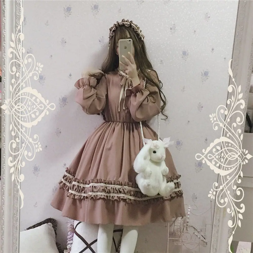 

Flouncing Lace Trim Japanese Harajuku Long Sleeves Cute Women Lolita OP Dress Doll Teen Dress Fairy Vestidos Alice In Wondeland