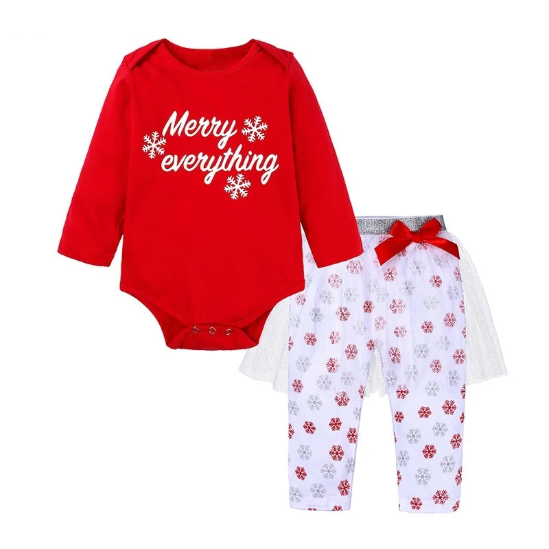 

LANBENA Spring Fall Newborn Christmas Outfit Baby Girl Clothes Cute Print Long Sleeve Bodysuit+Lace Pants Kids Clothing 054