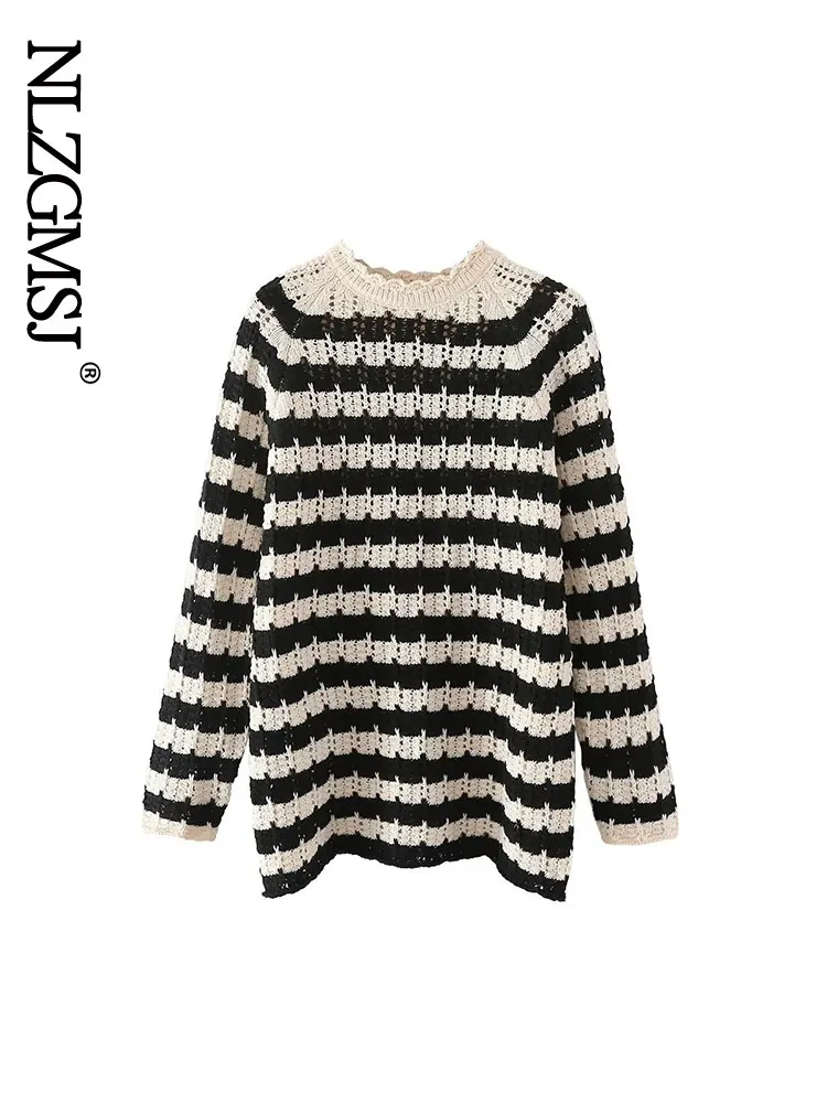 

Nlzgmsj 2022 Long Sweater Women Striped Hollow Out Romper Sweater Loose Black Streetwear Pullover Top Female 202208