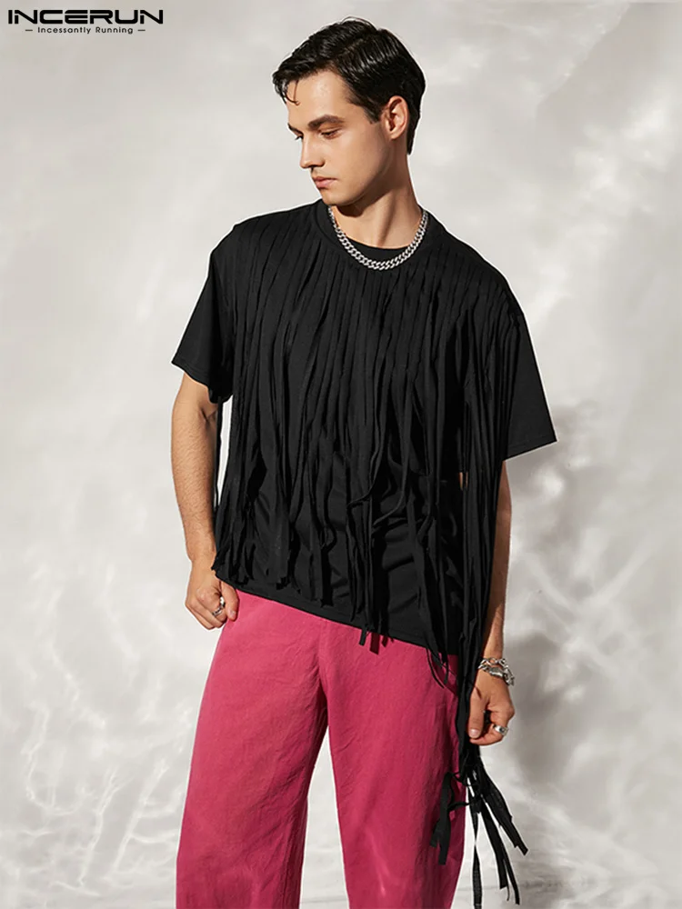 

American Style New Men's Fashion Solid O-Neck Camiseta Casual Male Splicing Tassel Short Sleeve T-Shirts S-5XL INCERUN Tops 2022