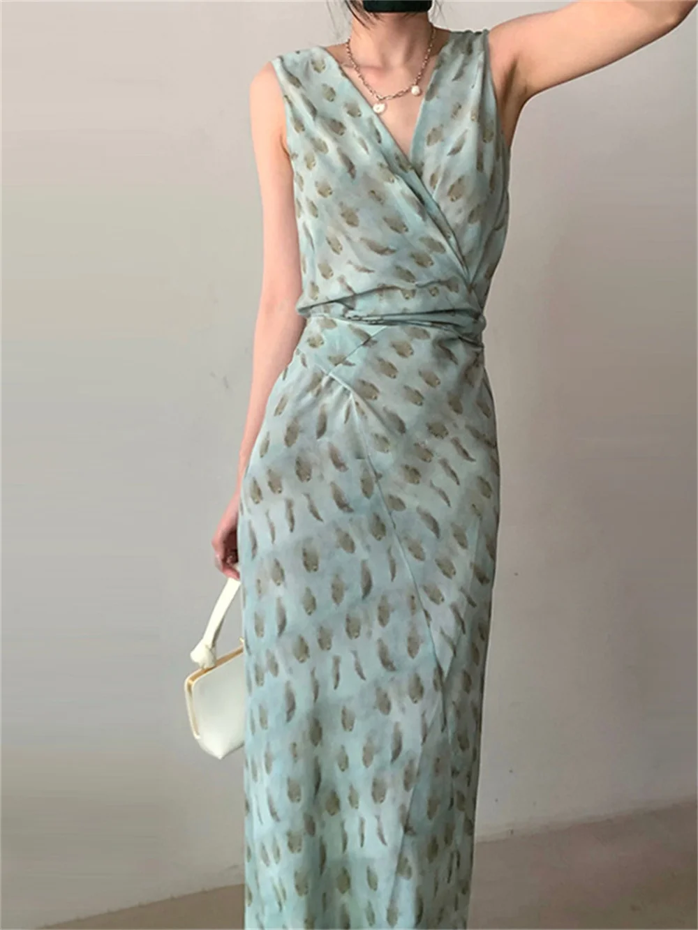 

Женское длинное платье с абстрактным принтом, элегантное облегающее платье составного кроя без рукавов с V-образным вырезом и шнуровкой, Новинка лета 2023
