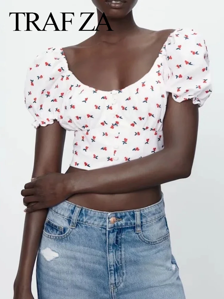 

TRAF ZA Summer Sweet Cute Printed T-shirt Puff Sleeves Slim Sexy Short Top Square Neck Single Breasted Elastic Waist Pullover