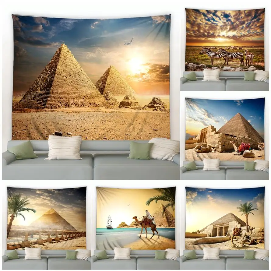 

Vintage Egyptian Pyramid Tapestry Wild Animals Tropical Palm Trees Nature Landscape Bedroom Living Room Wall Hanging Decoration
