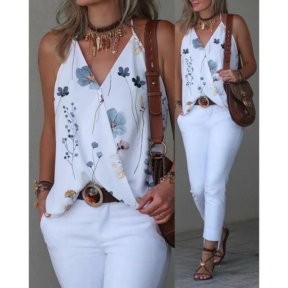 

Summer Women Fashion Casual Floral Print Spaghetti Strap V-Neck Tank Top Female Sleeveless Cami Tee Tops y2k Women Streetwear