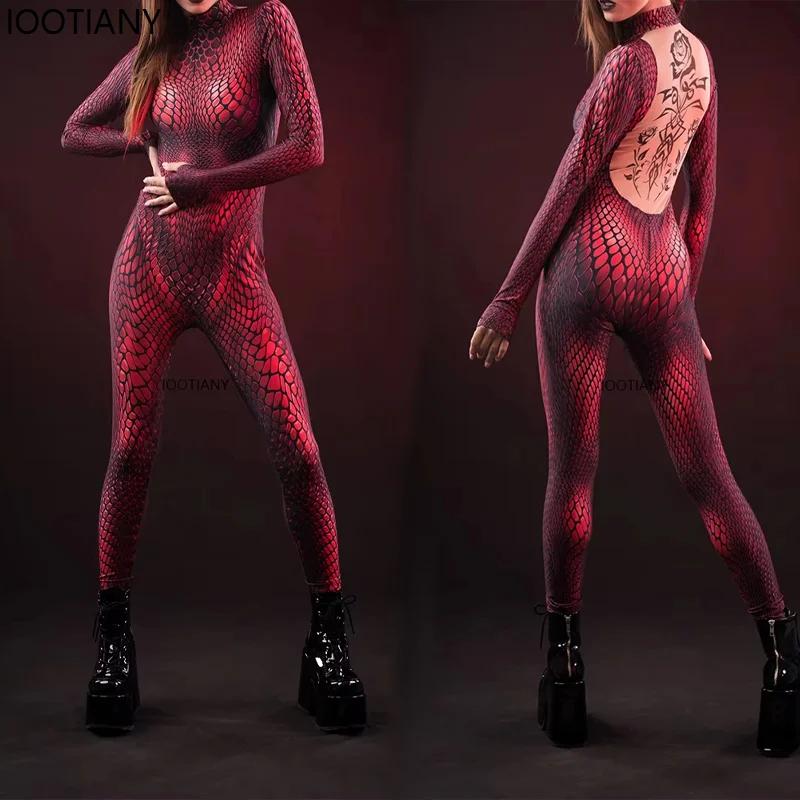 Хэллоуин красный змеиный принт косплей комбинезон женский сексуальный боди с