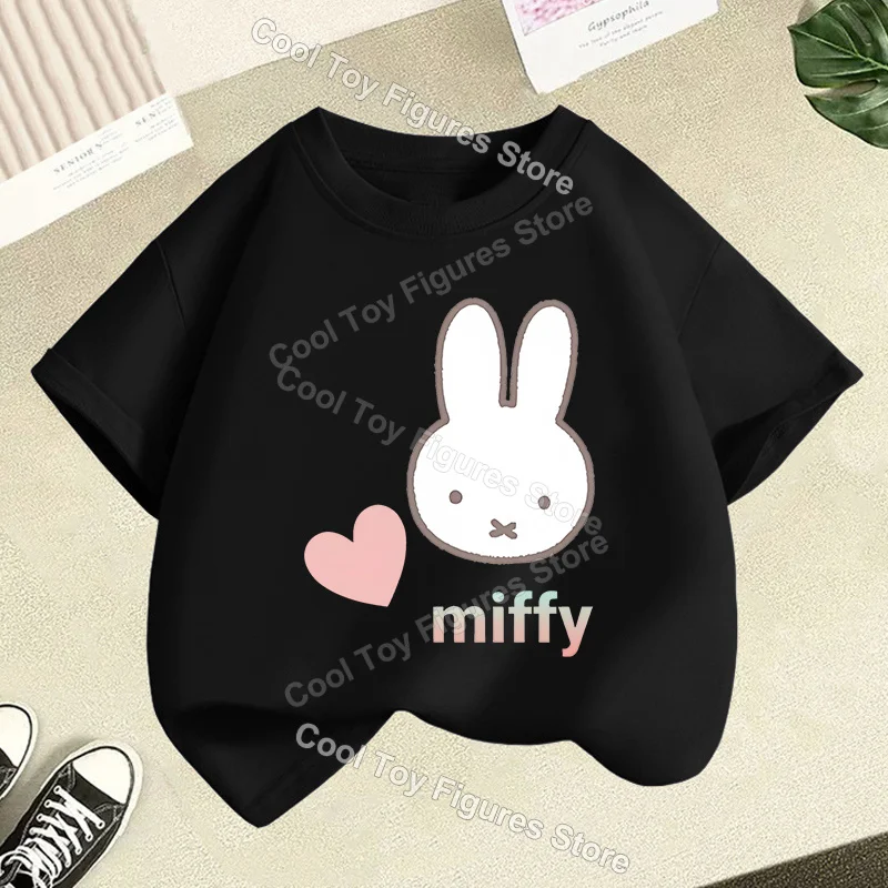 Фото Топ с короткими рукавами для девочек из серии Miffy, летняя детская футболка с мультяшным принтом, модная детская одежда с изображением кролика, забавный подарок на день рождения №1